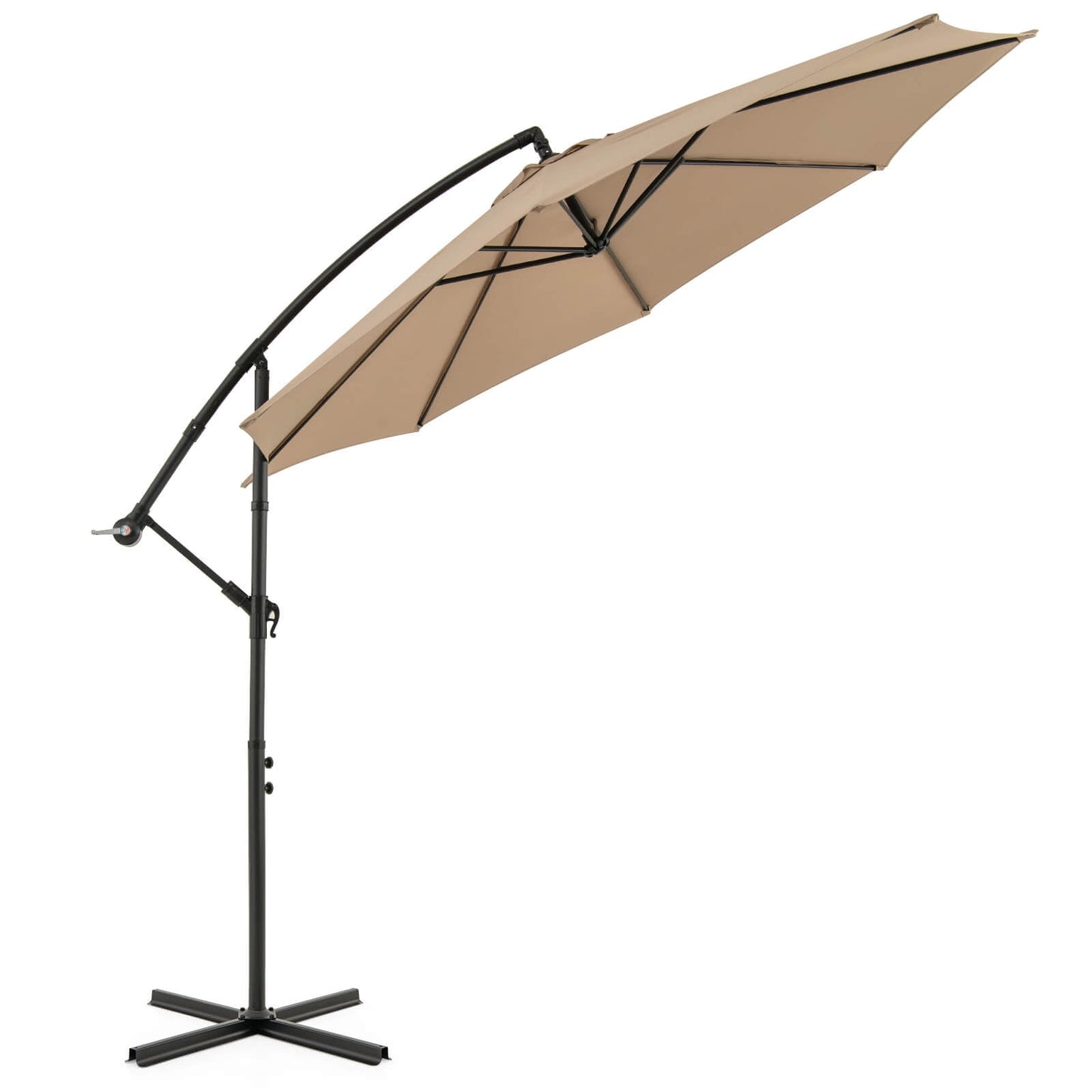Costway 10' Hanging Umbrella Patio Sun Shade Offset Garden Market W/ T Cross Base Tan