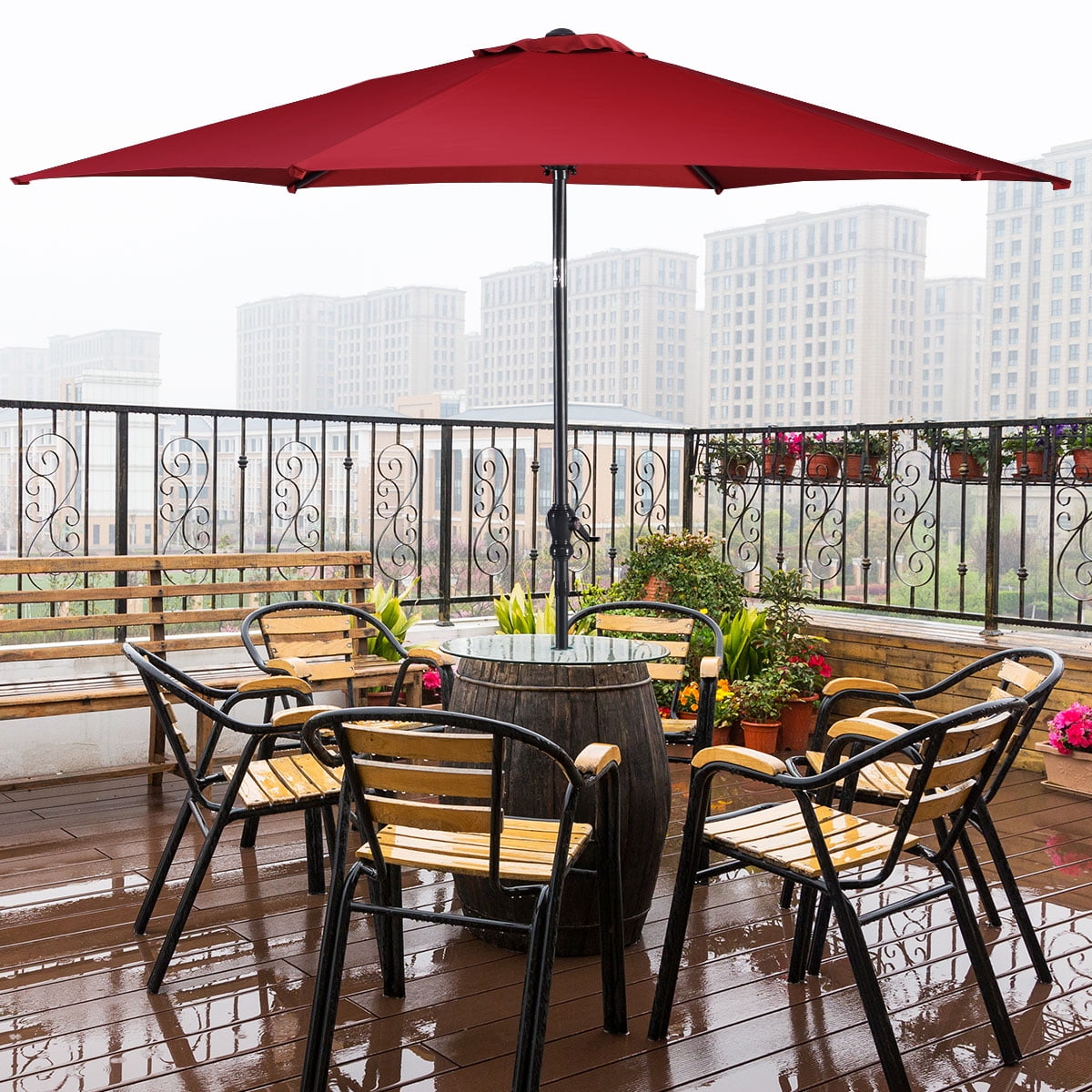 Costway Outdoor Heavy Duty Market Umbrella with Tilt Mechanism Crank Handle 8 Sturdy Ribs