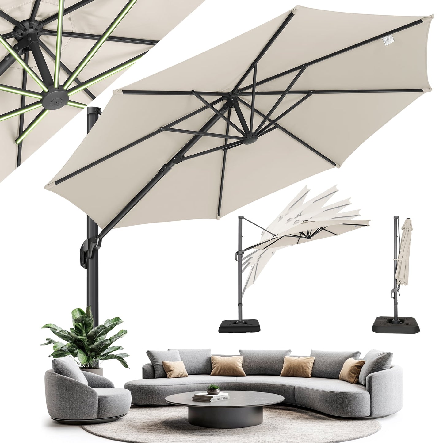 HOTEEL 10 Ft Patio Umbrella Outdoor Cantilever Square Umbrella Aluminum Offset Umbrella with Base, 360° Rotation，Gray