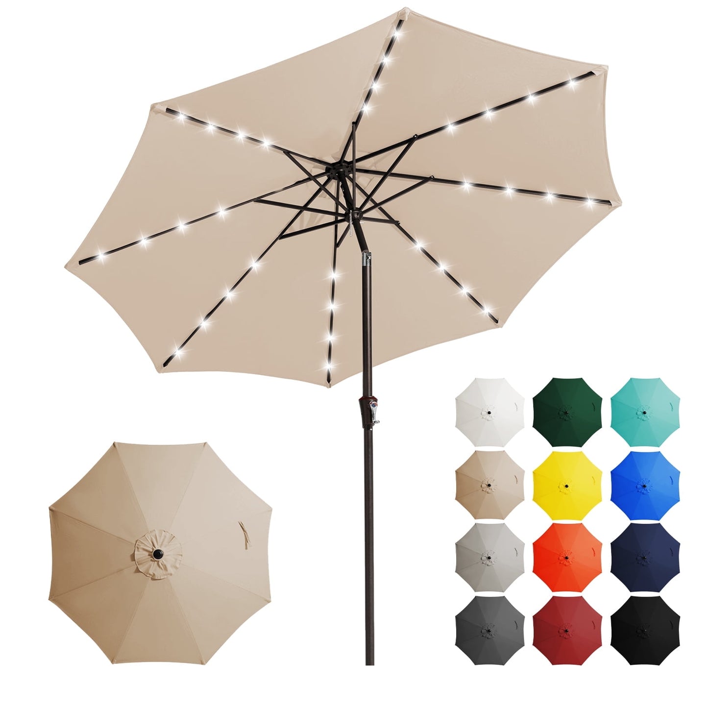 JUSTLET 10 ft Patio Umbrella for Table, Outdoor Sun Umbrella with LED Solar Lights, Navy Blue