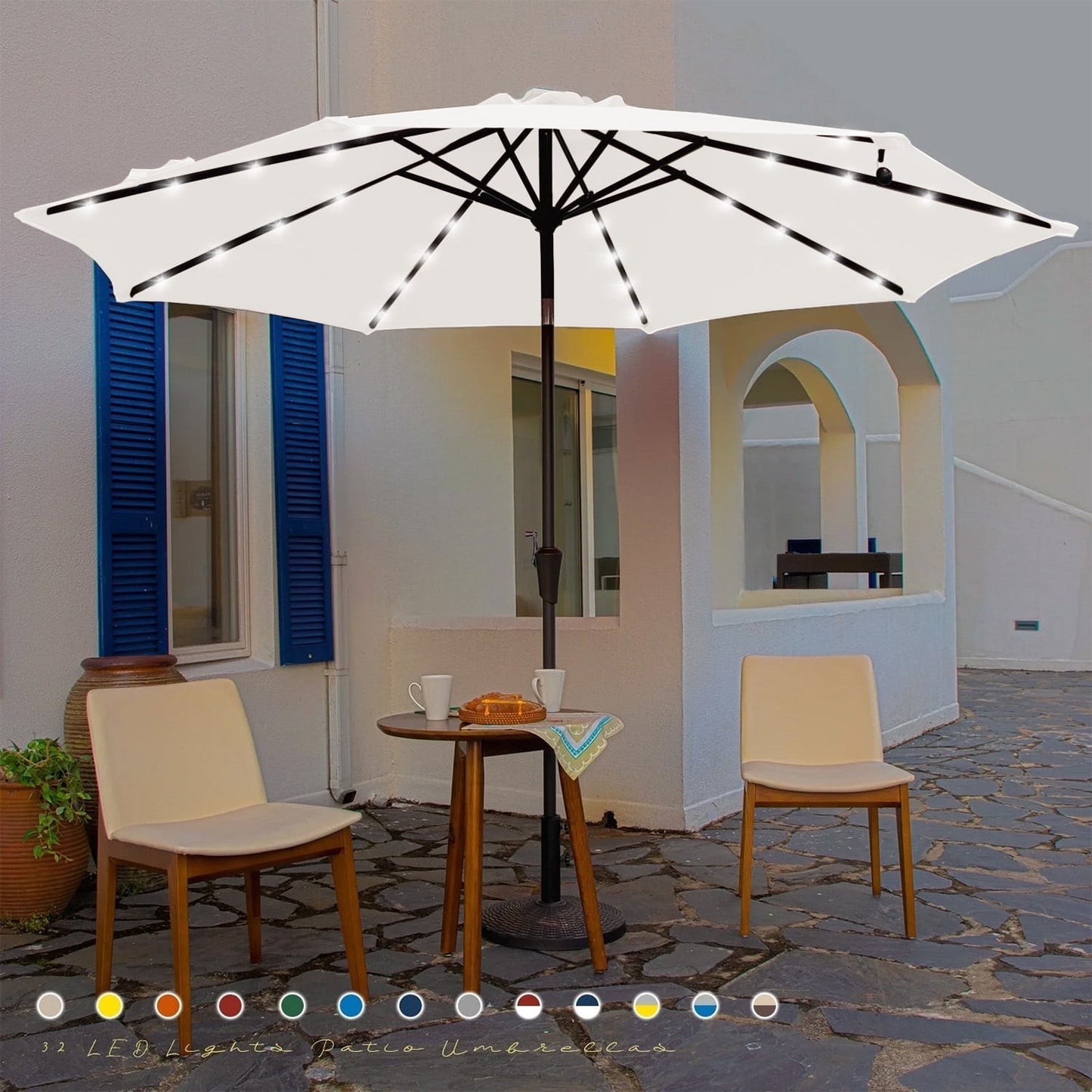JUSTLET 10 ft Patio Umbrella for Table, Outdoor Sun Umbrella with LED Solar Lights, Navy Blue