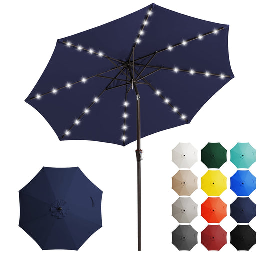 JUSTLET 10 ft Patio Umbrella for Table, Outdoor Sun Umbrella with LED Solar Lights, Navy Blue