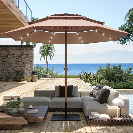 LAUSAINT HOME 10ft Patio Umbrella with Solar Lights, 3-tier Outdoor Umbrellas for Patio Pool Deck Market, Beige