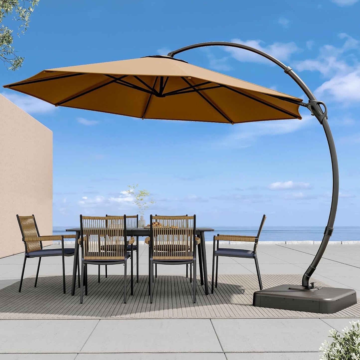 LAUSAINT HOME 11FT Patio Umbrella with Base, Outdoor Deluxe Curvy Cantilever Umbrella for Patio Pool Deck, Champagne