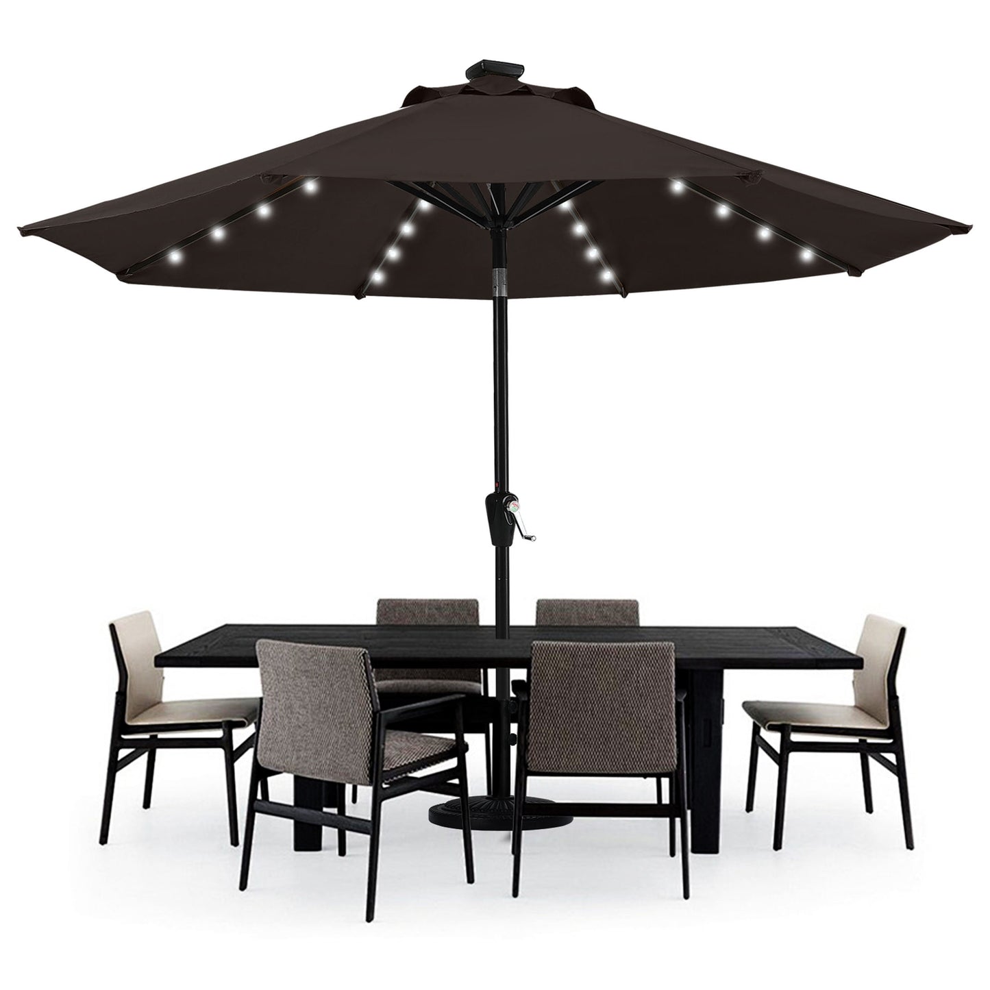 MASTERCANOPY 9ft Solar Patio Umbrella with 32 LED Lights Easy Tilt and Crank 8 Ribs, Khaki