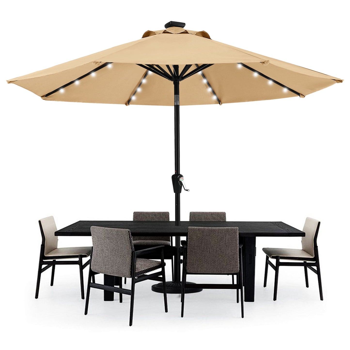 MASTERCANOPY 9ft Solar Patio Umbrella with 32 LED Lights Easy Tilt and Crank 8 Ribs, Khaki