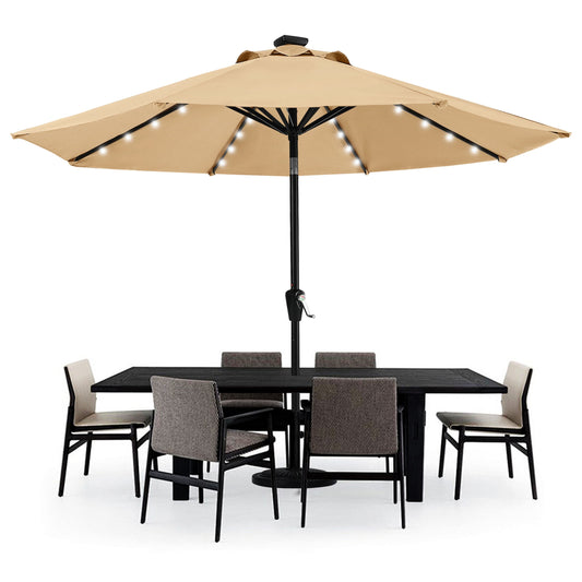 MASTERCANOPY 9ft Solar Patio Umbrella with 32 LED Lights Easy Tilt and Crank 8 Ribs, Khaki