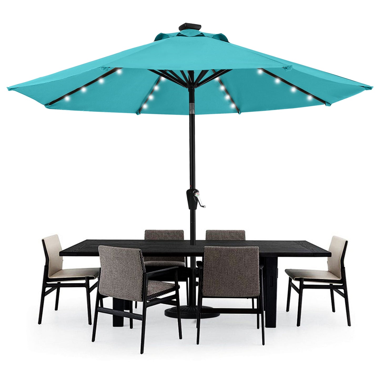 MASTERCANOPY 9ft Solar Patio Umbrella with 32 LED Lights Easy Tilt and Crank 8 Ribs, Khaki