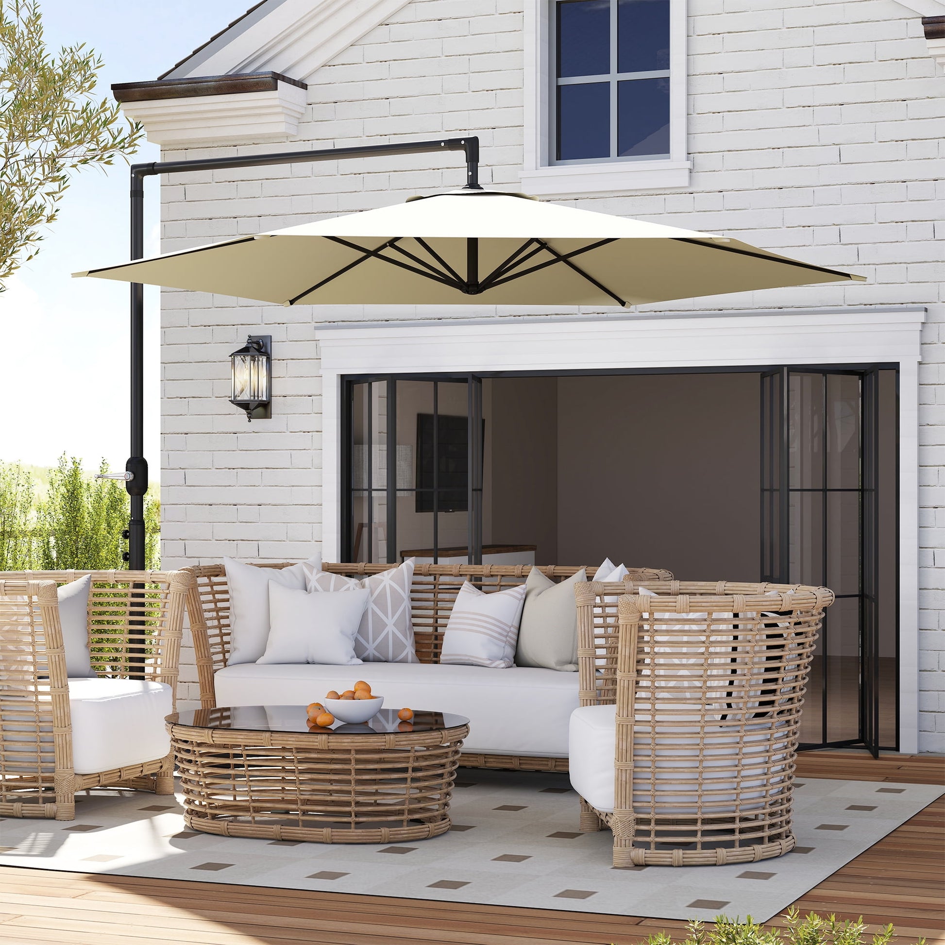 Outsunny 9.5FT Cantilever Patio Umbrella with Crank, Cross Base and Air Vent, Round Hanging Offset Umbrella for Pool, Backyard, Deck, Garden, Beige