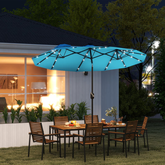 Outsunny 9.7' Double-sided Patio Umbrella with LED Solar Light, Tilt and Crank, Outdoor Umbrella, Light Blue