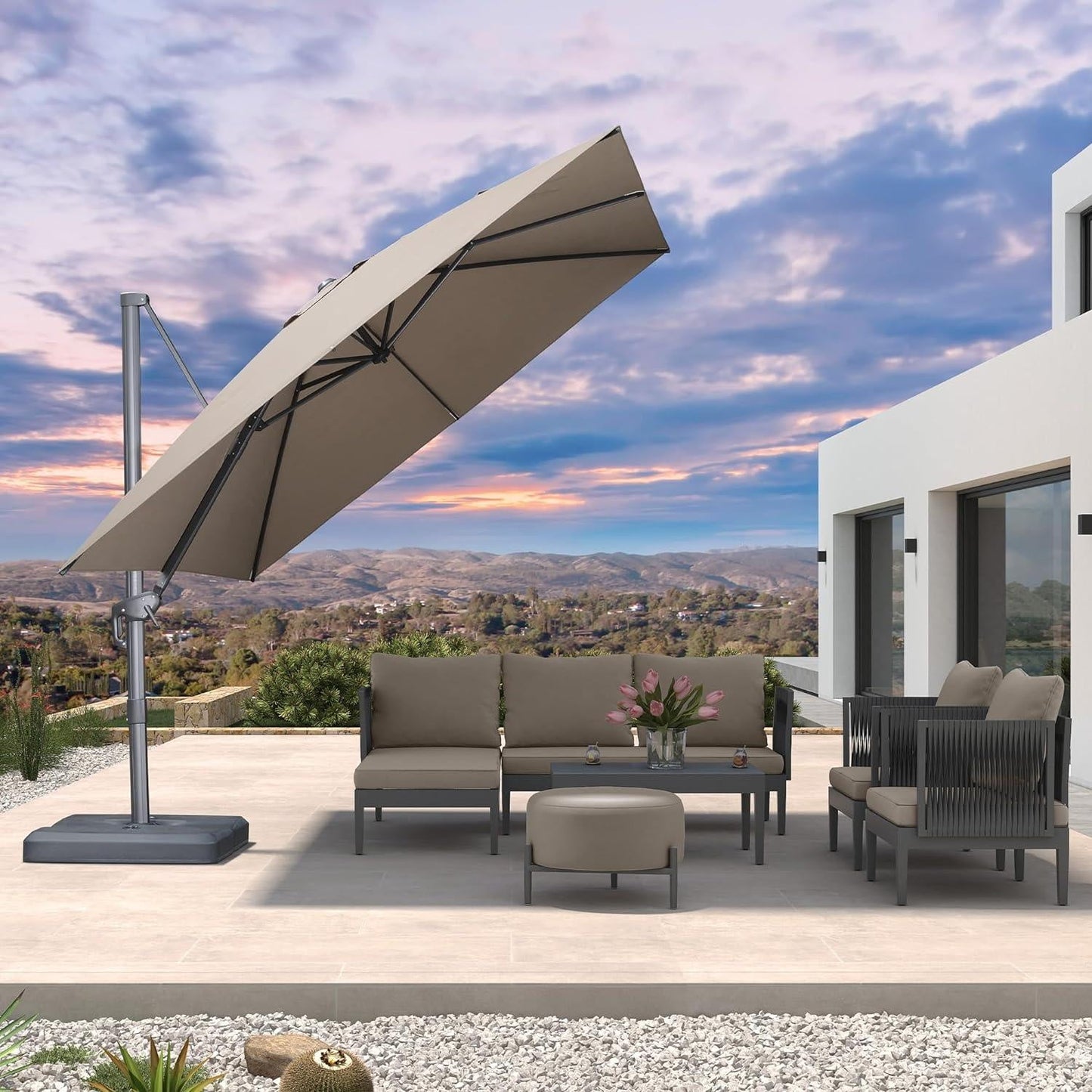 PURPLE LEAF 8 FT Patio Cantilever Umbrella Outdoor Offset Square Umbrella with 360-degree Rotation for Deck Pool Garden, Light Grey