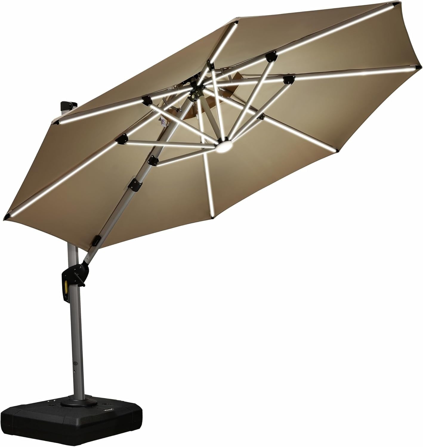 PURPLE LEAF 10FT Deluxe Round Solar Powered LED Patio Umbrella, Large Offset Cantilever Umbrella with 360° Rotation, Beige