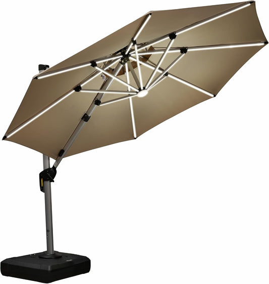 PURPLE LEAF 10FT Deluxe Round Solar Powered LED Patio Umbrella, Large Offset Cantilever Umbrella with 360° Rotation, Beige