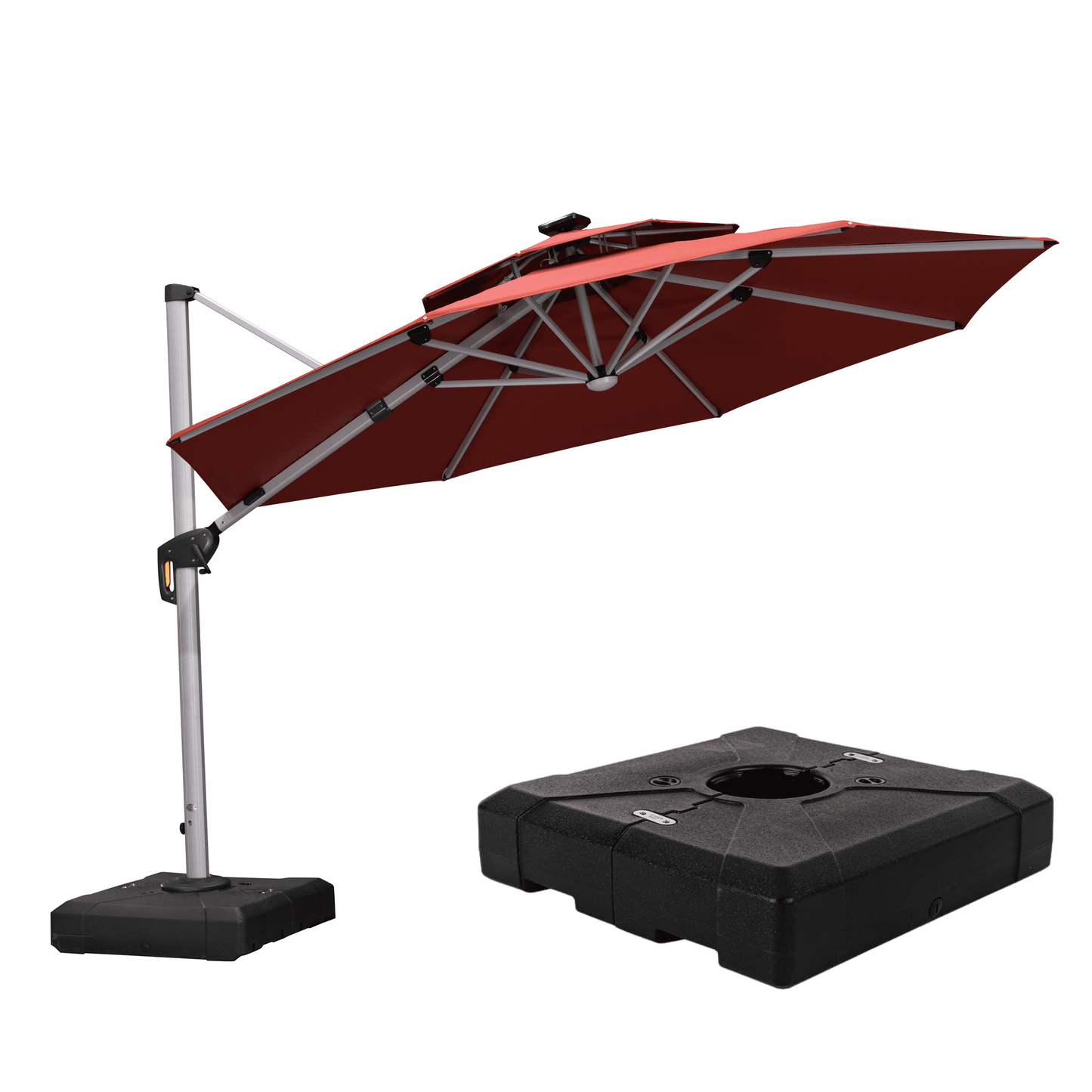 PURPLE LEAF 10FT Deluxe Round Solar Powered LED Patio Umbrella, Large Offset Cantilever Umbrella with 360° Rotation, Beige