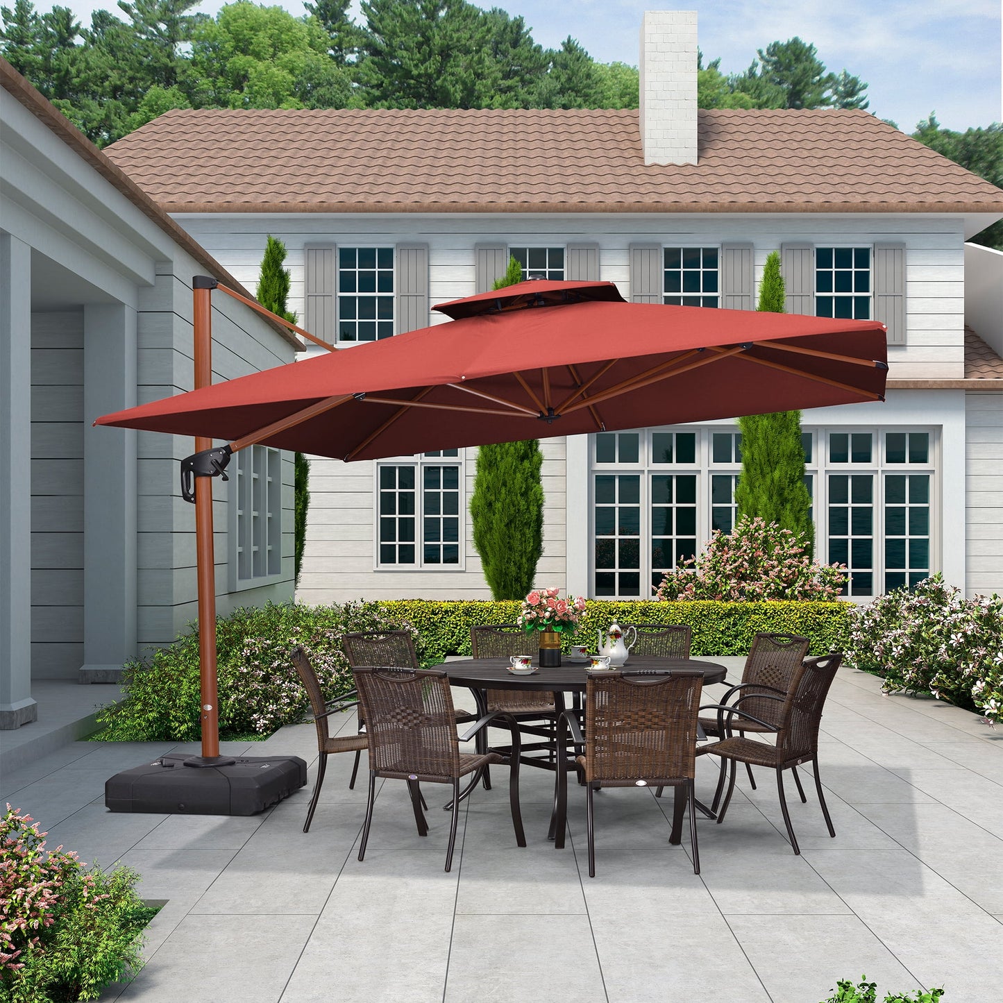 PURPLE LEAF 9FT Deluxe Square Wood Grain Patio Umbrella, Large Offset Cantilever Umbrella with 360° Rotation, Beige