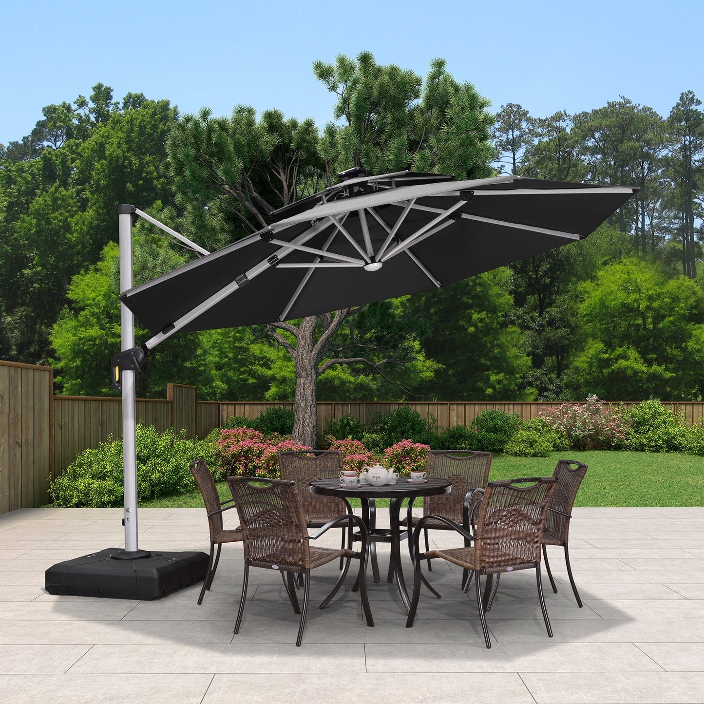 PURPLE LEAF 10FT Deluxe Round Solar Powered LED Patio Umbrella, Large Offset Cantilever Umbrella with 360° Rotation, Beige