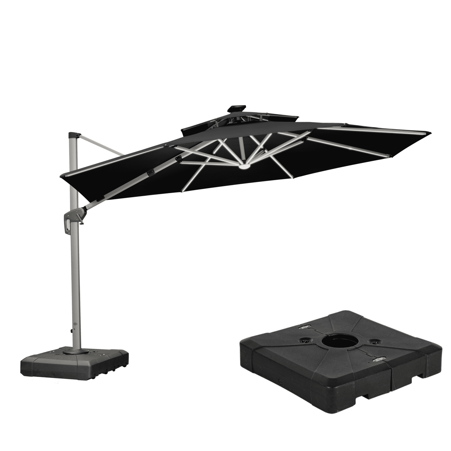 PURPLE LEAF 10FT Deluxe Round Solar Powered LED Patio Umbrella, Large Offset Cantilever Umbrella with 360° Rotation, Beige