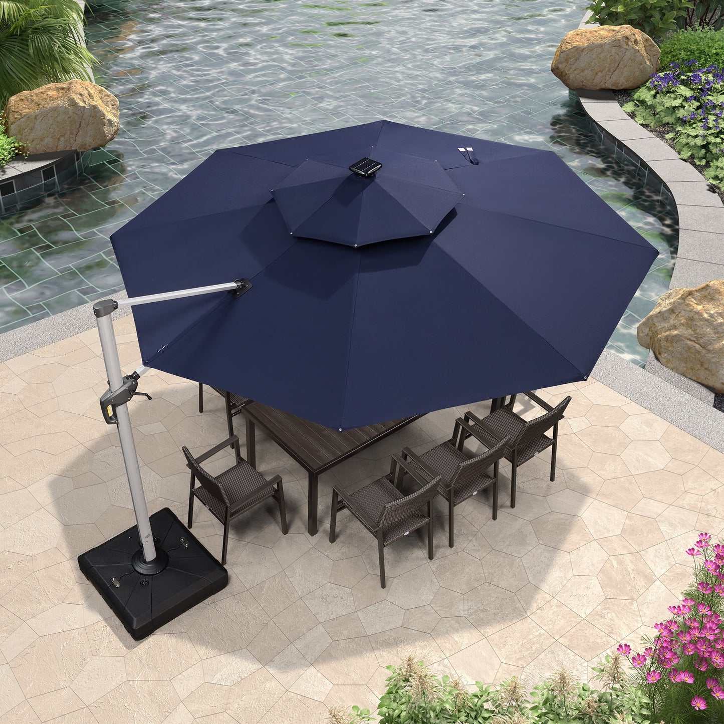 PURPLE LEAF 10FT Deluxe Round Solar Powered LED Patio Umbrella, Large Offset Cantilever Umbrella with 360° Rotation, Beige