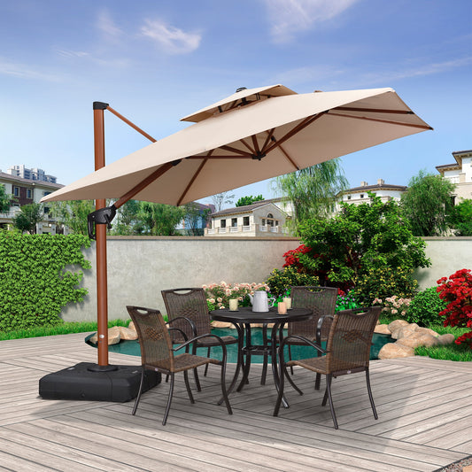 PURPLE LEAF 9FT Deluxe Square Wood Grain Patio Umbrella, Large Offset Cantilever Umbrella with 360° Rotation, Beige