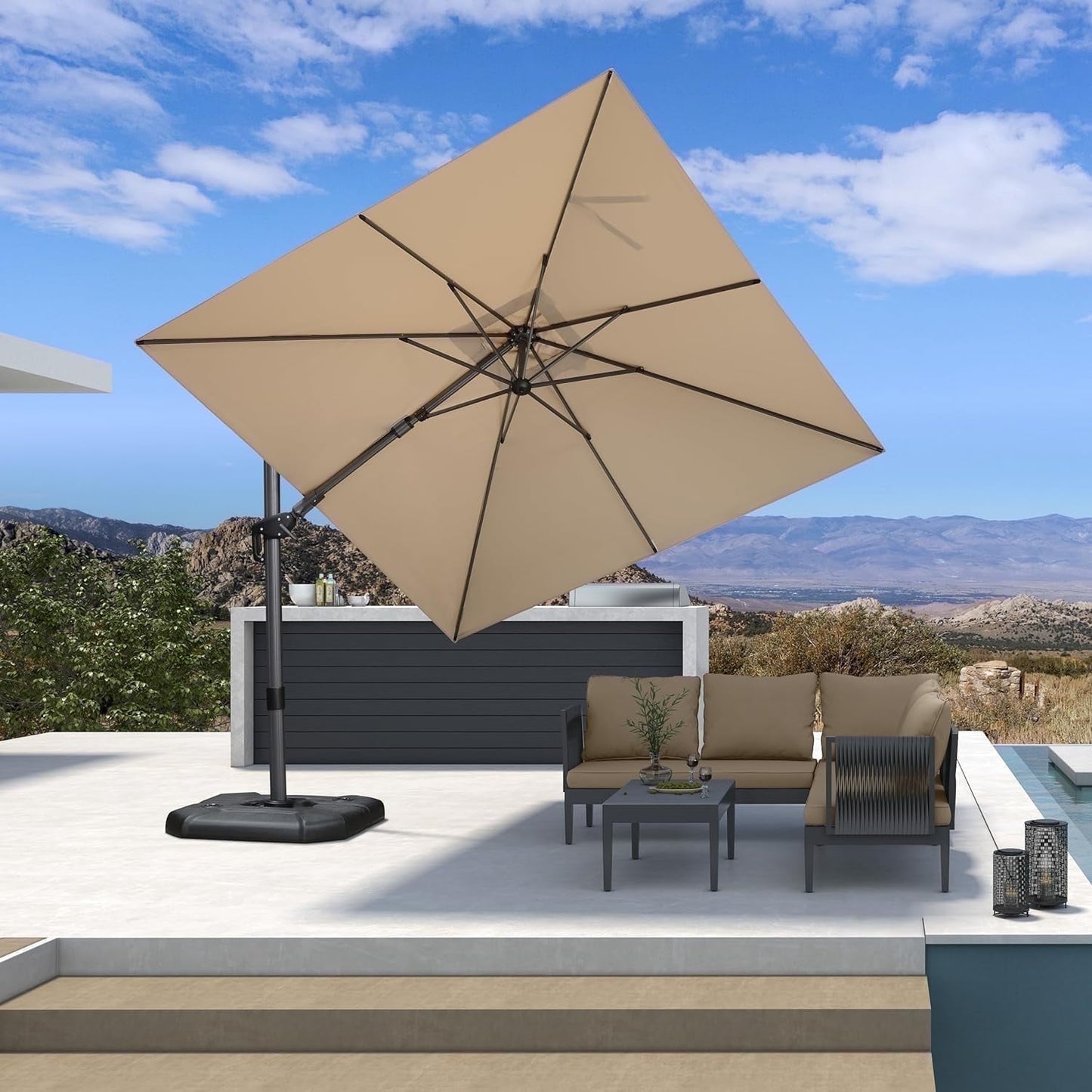 PURPLE LEAF 10x10 Ft Cantilever Umbrella Left-right Tilting Swivel Square Outdoor Patio Umbrella Large Offset Aluminum Umbrella with 360°Rotation Adjustable Pool Umbrella,Gray