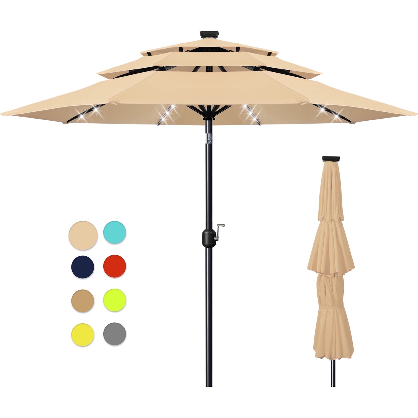 Scafild | 10ft Outdoor Patio Umbrellas with Solar Lights, 3 Tier Vented Large Market Table Umbrella with 8 Sturdy Ribs & 1.5" Pole UV Protection for Garden Deck Backyard Pool - Apply Green