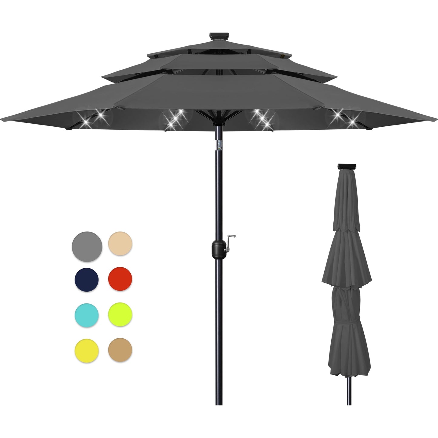 Scafild | 10ft Outdoor Patio Umbrellas with Solar Lights, 3 Tier Vented Large Market Table Umbrella with 8 Sturdy Ribs & 1.5" Pole UV Protection for Garden Deck Backyard Pool - Apply Green