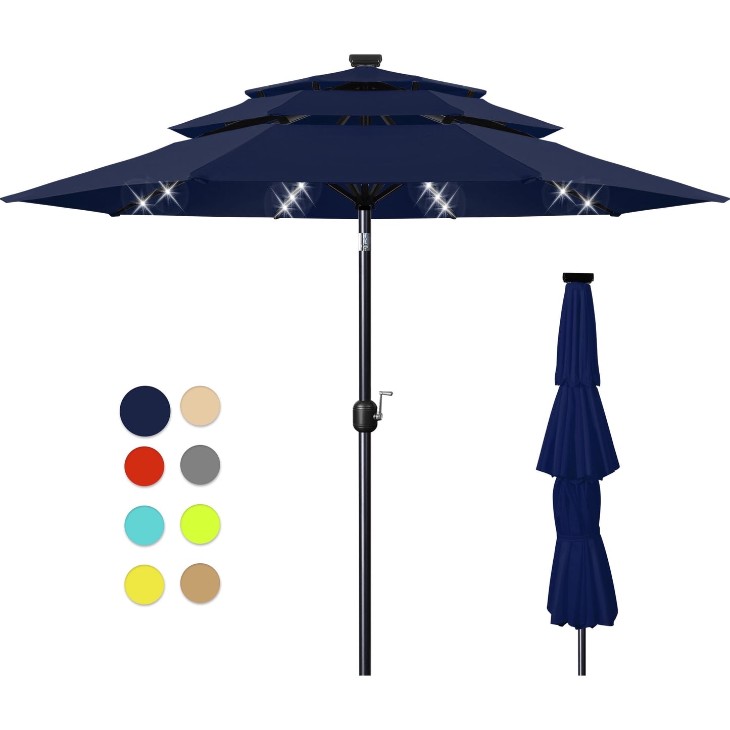 Scafild | 10ft Outdoor Patio Umbrellas with Solar Lights, 3 Tier Vented Large Market Table Umbrella with 8 Sturdy Ribs & 1.5" Pole UV Protection for Garden Deck Backyard Pool - Apply Green