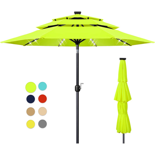 Scafild | 10ft Outdoor Patio Umbrellas with Solar Lights, 3 Tier Vented Large Market Table Umbrella with 8 Sturdy Ribs & 1.5" Pole UV Protection for Garden Deck Backyard Pool - Apply Green