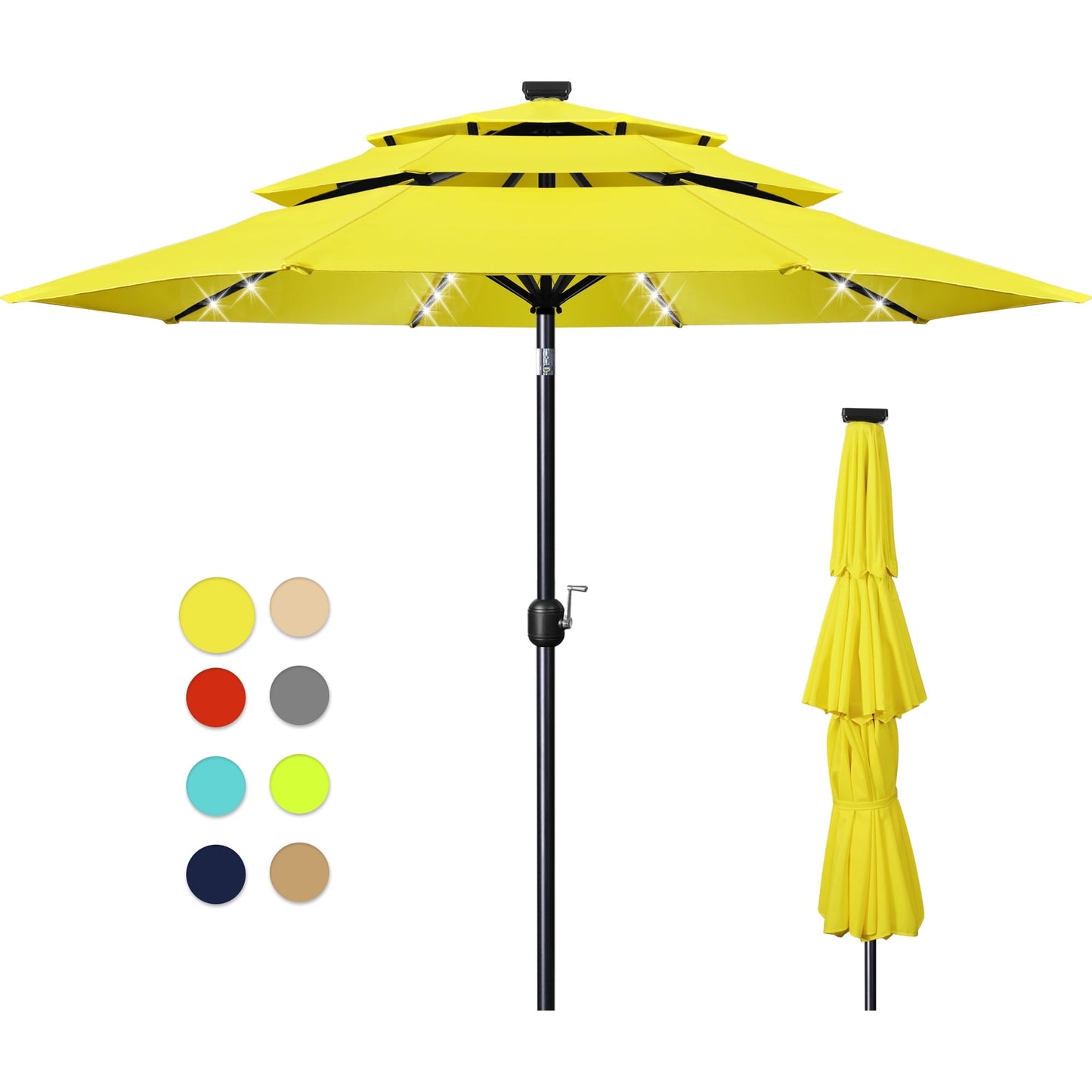 Scafild | 10ft Outdoor Patio Umbrellas with Solar Lights, 3 Tier Vented Large Market Table Umbrella with 8 Sturdy Ribs & 1.5" Pole UV Protection for Garden Deck Backyard Pool - Apply Green