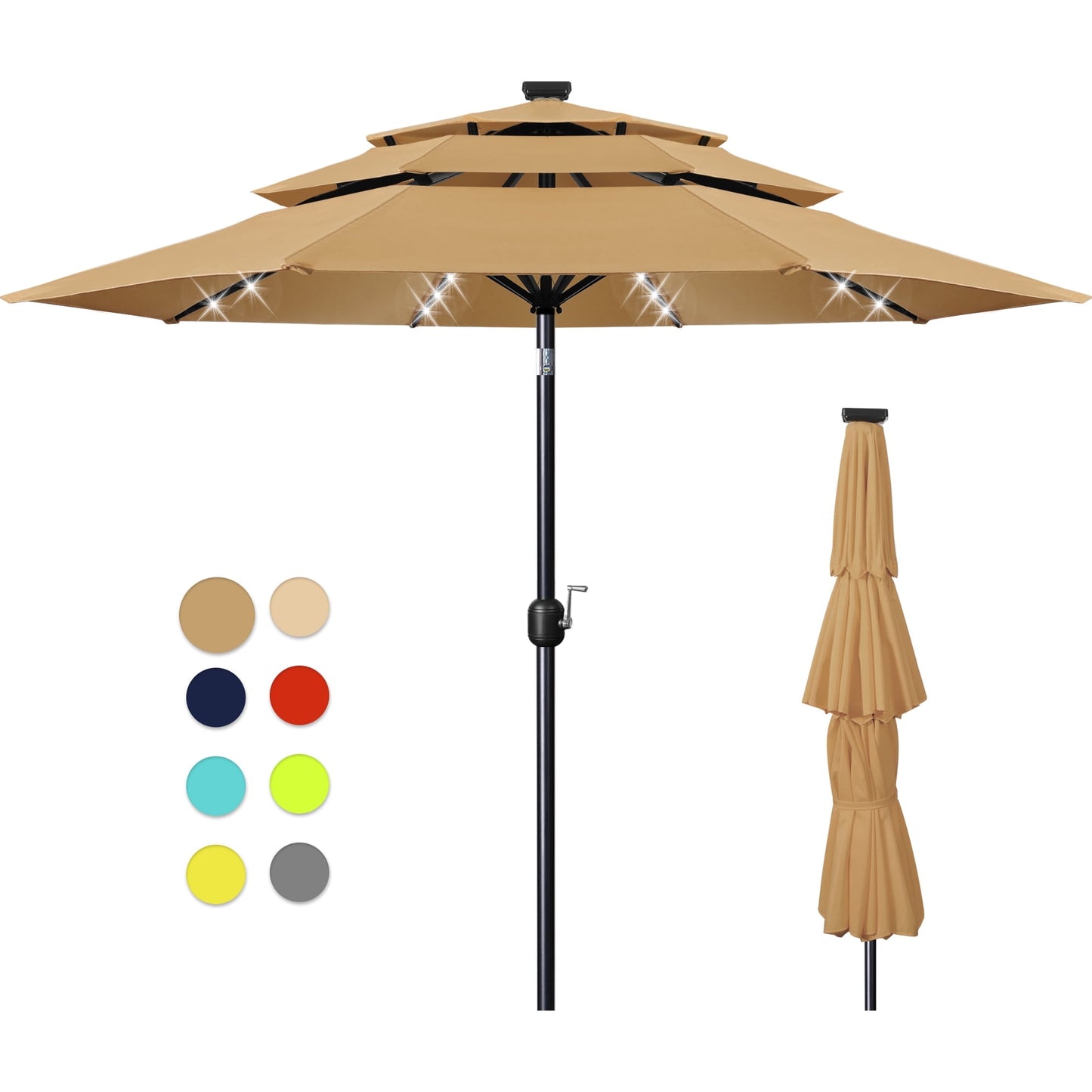 Scafild | 10ft Outdoor Patio Umbrellas with Solar Lights, 3 Tier Vented Large Market Table Umbrella with 8 Sturdy Ribs & 1.5" Pole UV Protection for Garden Deck Backyard Pool - Apply Green