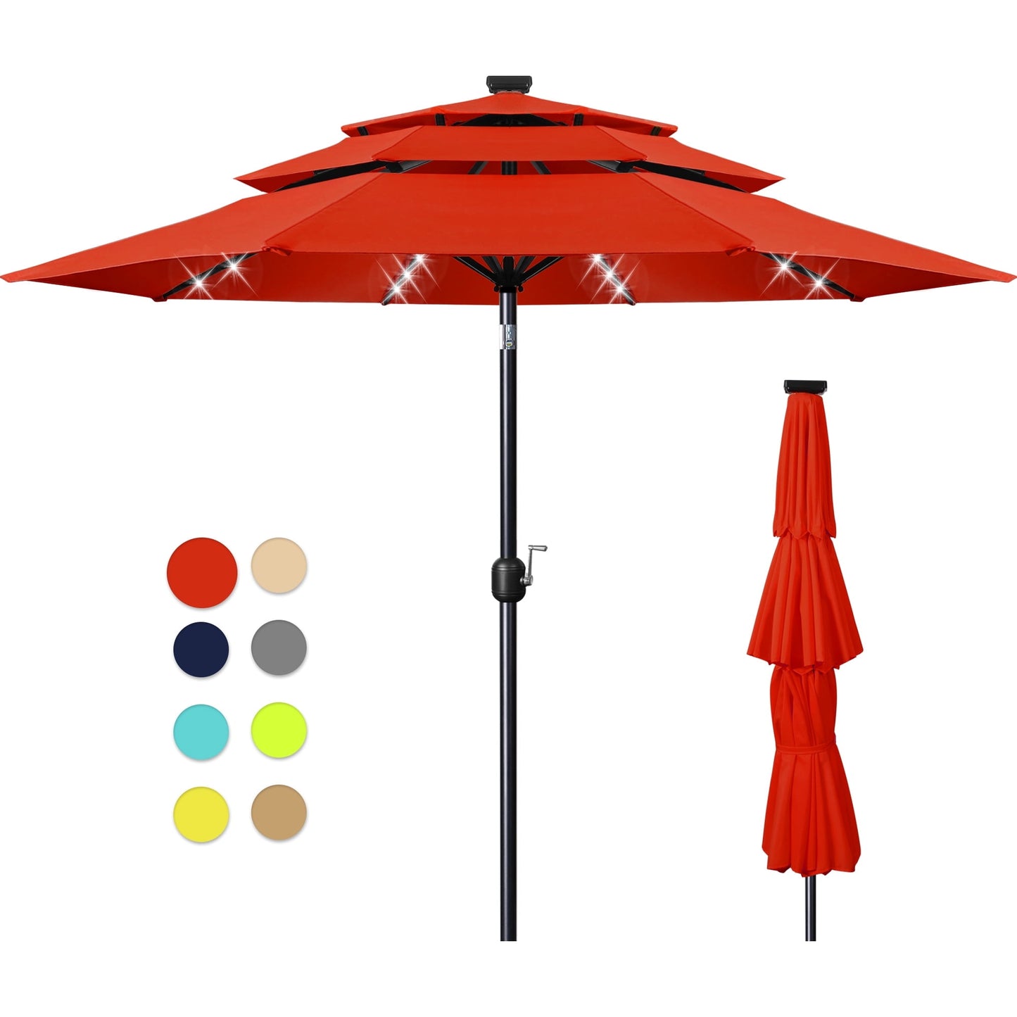 Scafild | 10ft Outdoor Patio Umbrellas with Solar Lights, 3 Tier Vented Large Market Table Umbrella with 8 Sturdy Ribs & 1.5" Pole UV Protection for Garden Deck Backyard Pool - Apply Green
