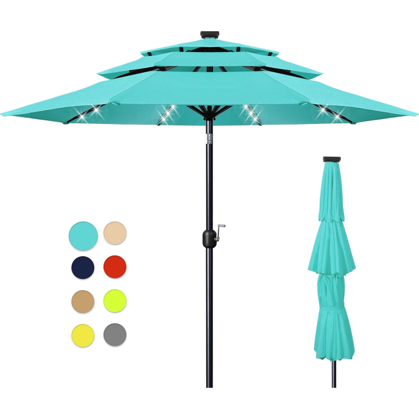Scafild | 10ft Outdoor Patio Umbrellas with Solar Lights, 3 Tier Vented Large Market Table Umbrella with 8 Sturdy Ribs & 1.5" Pole UV Protection for Garden Deck Backyard Pool - Apply Green