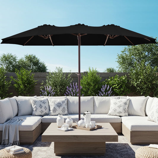 JUSTLET 15ft Rectangular Outdoor Patio Umbrella Double-Sided Twin Large Patio Umbrella with Crank，Black