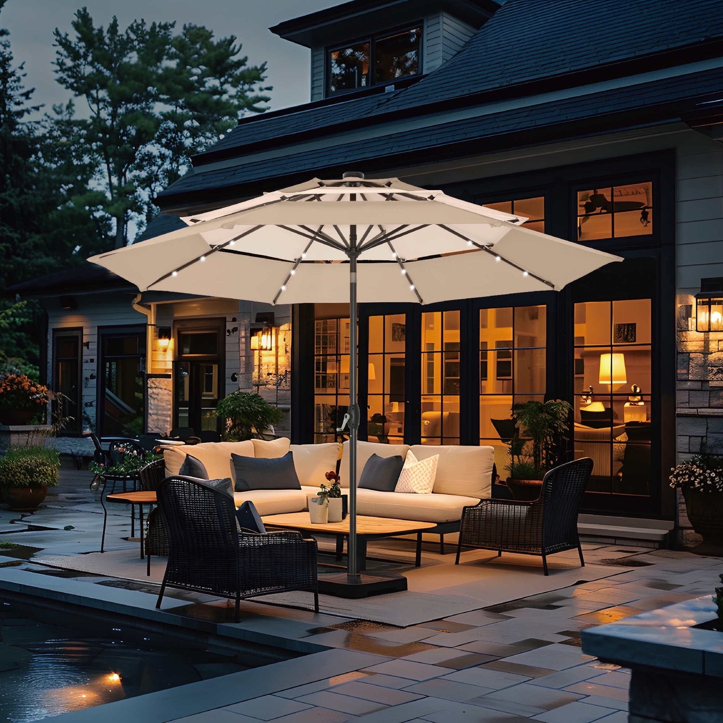 Summit Living 10ft Patio Umbrella with Solar Lights 3-Tier Vented Outdoor Market Umbrella with Auto-Tilt – Beige