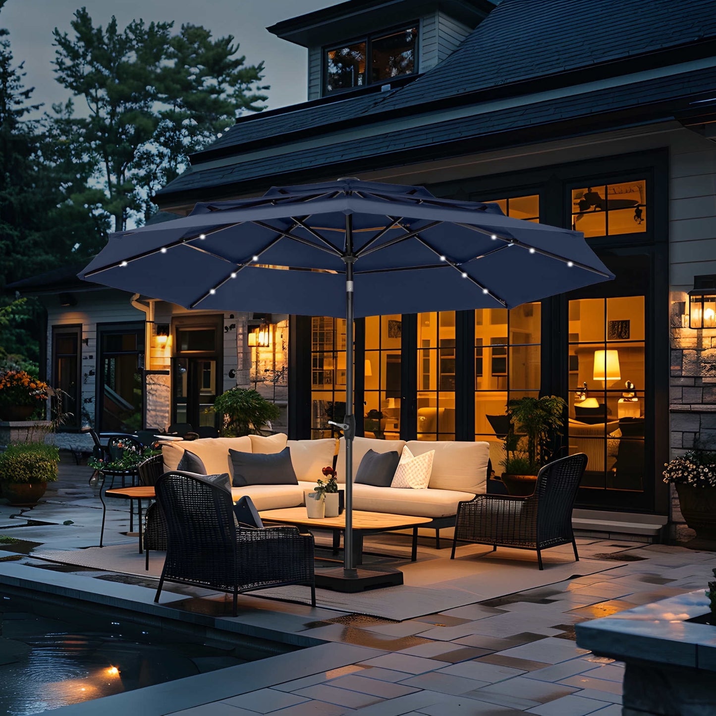Summit Living 10ft Patio Umbrella with Solar Lights 3-Tier Vented Outdoor Market Umbrella with Auto-Tilt – Beige
