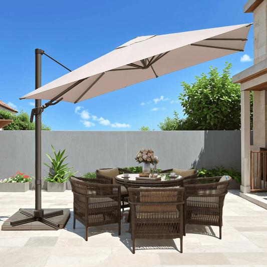 Vitarpatio 10x10ft Outdoor Patio Umbrella, Large Square Cantilever Umbrella Aluminum Offset Umbrella with Swivel Handle Tilt, 360 Degree Rotation and Crank, Champagne
