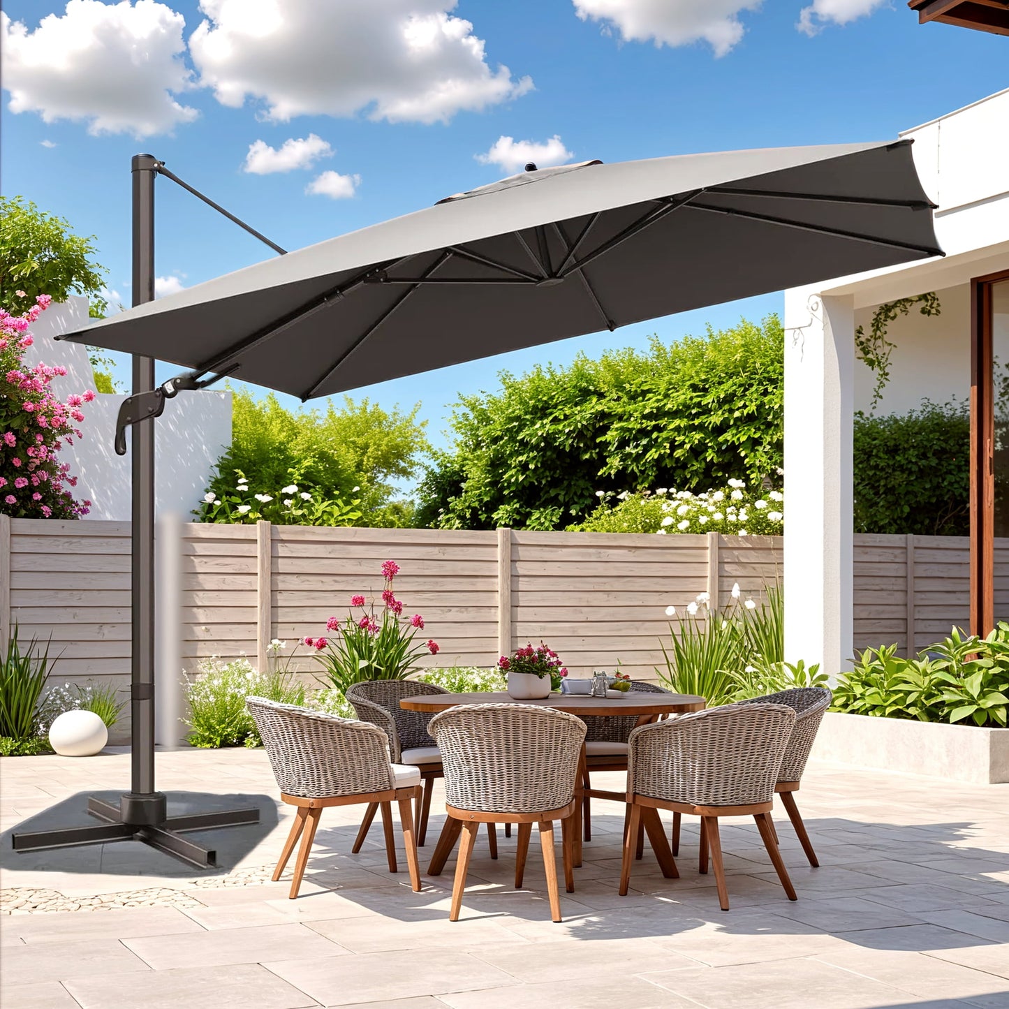 Vitarpatio 10x10ft Outdoor Patio Umbrella, Large Square Cantilever Umbrella Aluminum Offset Umbrella with Swivel Handle Tilt, 360 Degree Rotation and Crank, Champagne