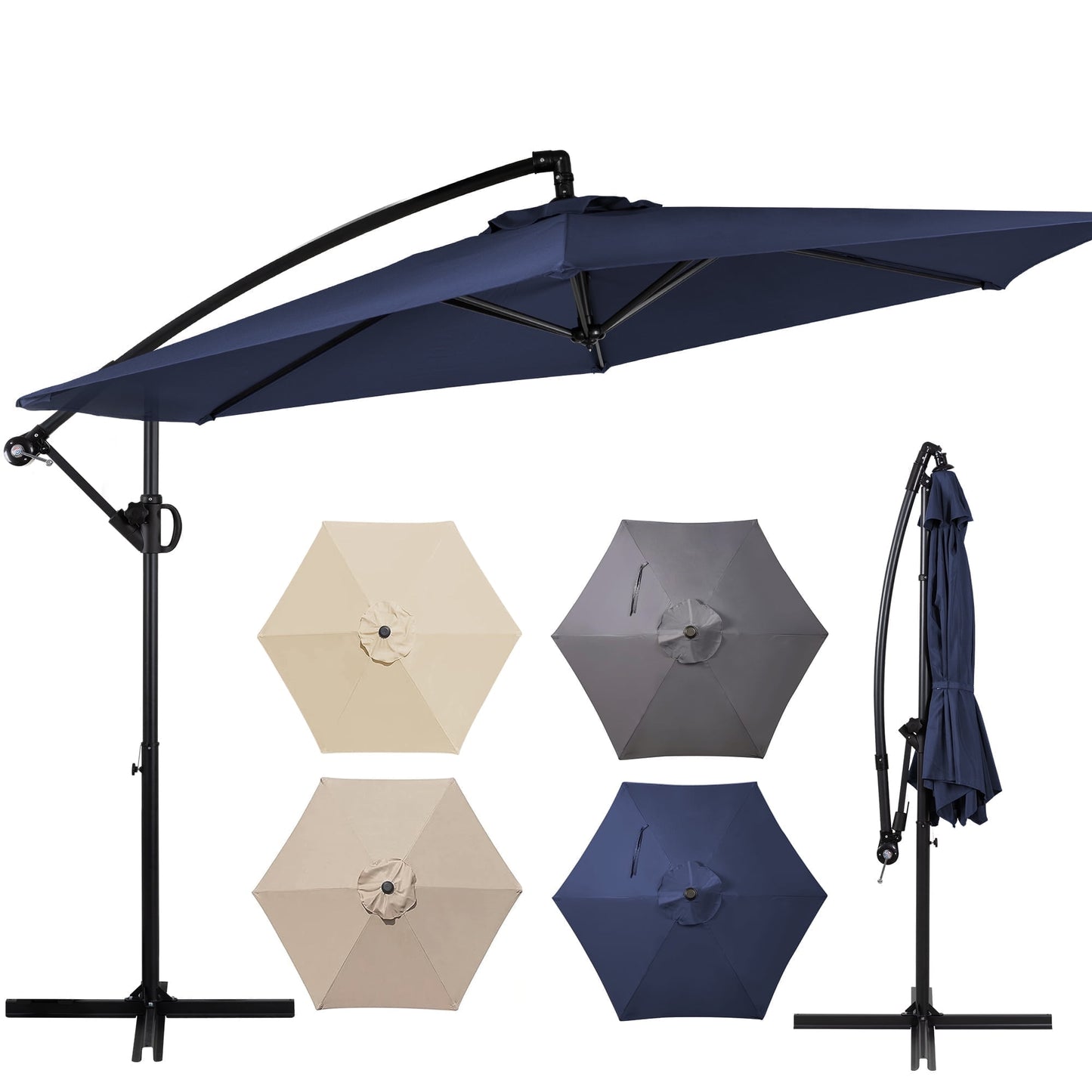 Walsunny 9FT Outdoor Hanging Offset Cantilever Umbrella with Cross Base, Patio Market Umbrella with Crank Sun Shade Canopy, Gray