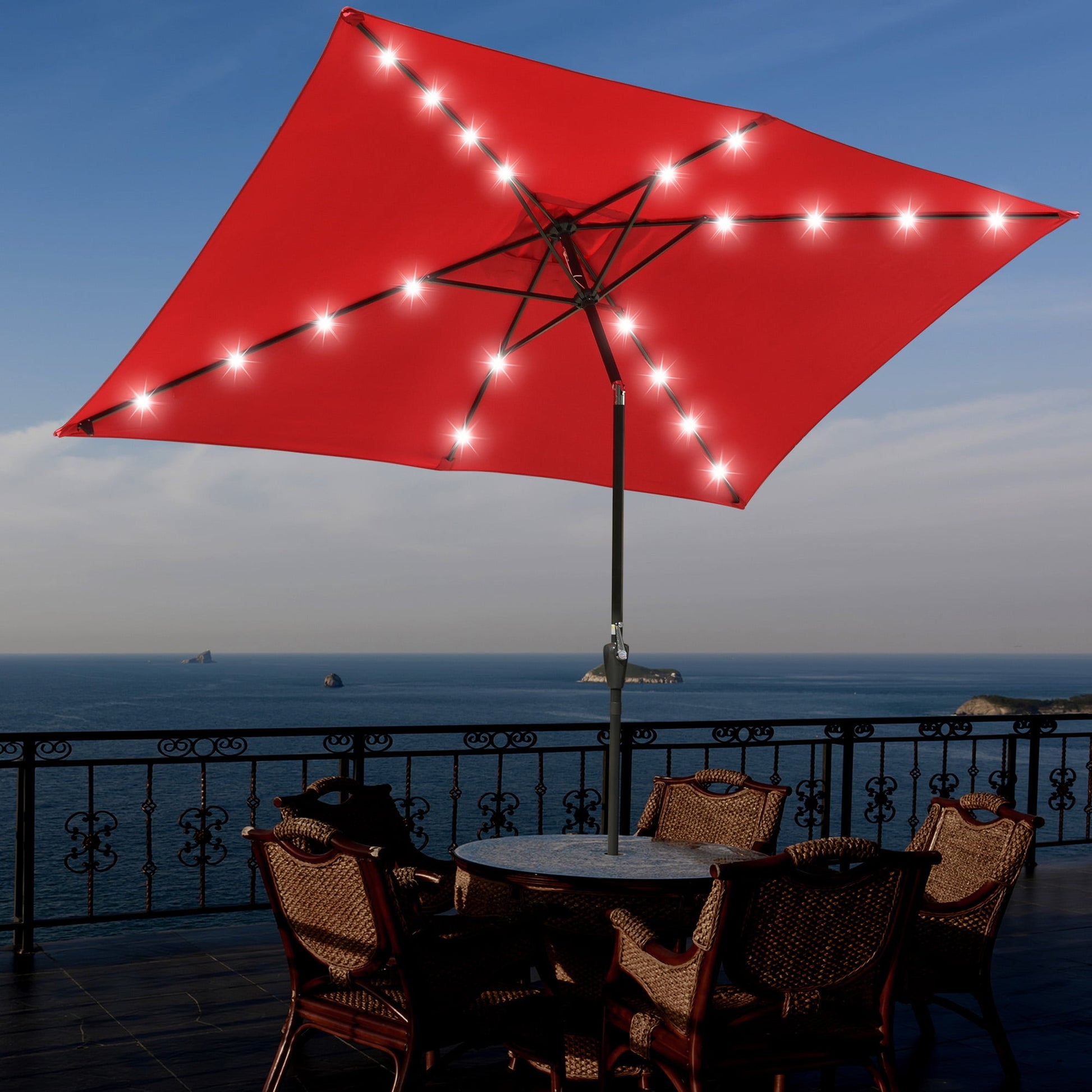 Yescom 10x6.5FT Rectangle Outdoor Solar LED Patio Umbrella with Crank Tilt for Table Market Yard Deck Pool Party Red