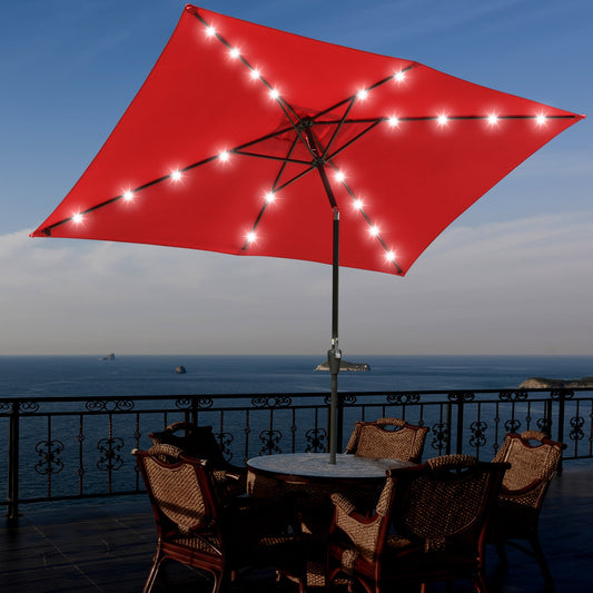 Yescom 10x6.5FT Rectangle Outdoor Solar LED Patio Umbrella with Crank Tilt for Table Market Yard Deck Pool Party Red