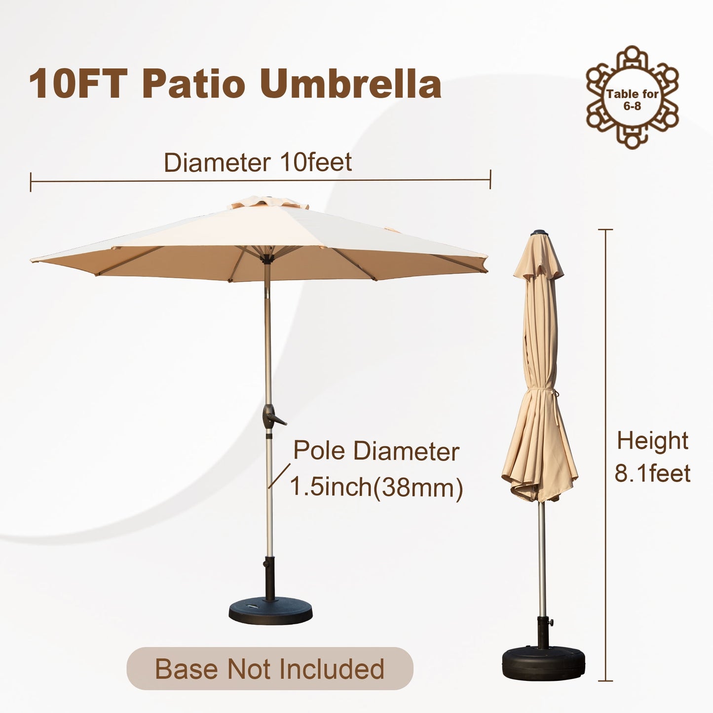 Domi 10FT Patio Umbrella, Outdoor Table Umbrella with Push Button Tilt and Crank, UV Protection Waterproof Market Sun Umbrella with 8 Sturdy Ribs for Garden, Deck, Backyard, Pool，（Beige）