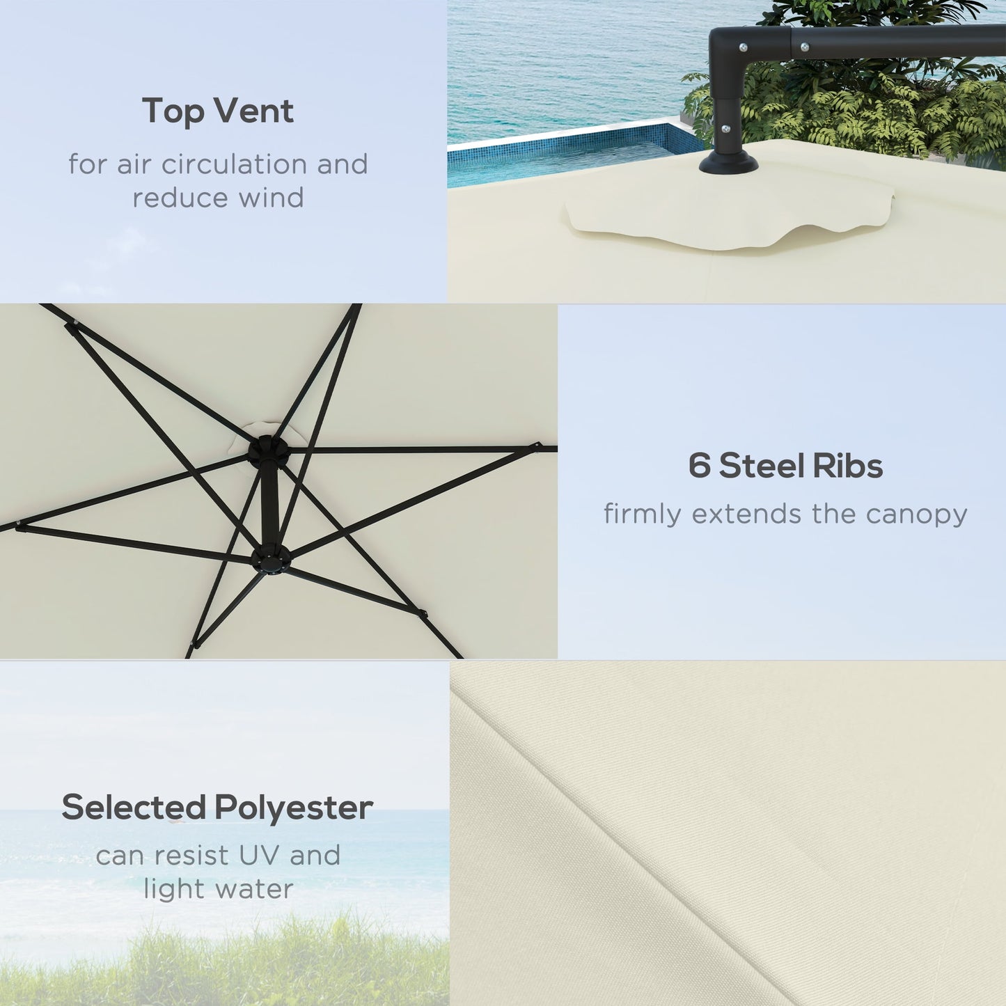 Outsunny 9.5FT Cantilever Patio Umbrella with Crank, Cross Base and Air Vent, Round Hanging Offset Umbrella for Pool, Backyard, Deck, Garden, Beige