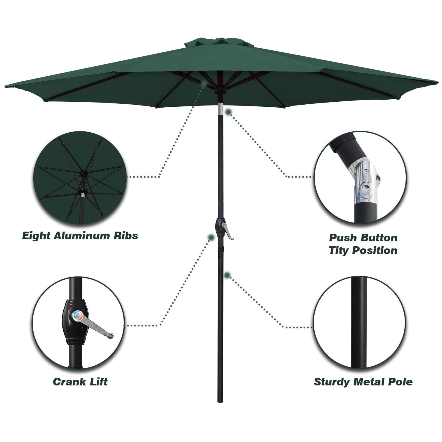 Lacoo 9' Green Patio Umbrella Outdoor Market Table Umbrella with Push Button Tilt, 8 Sturdy Ribs