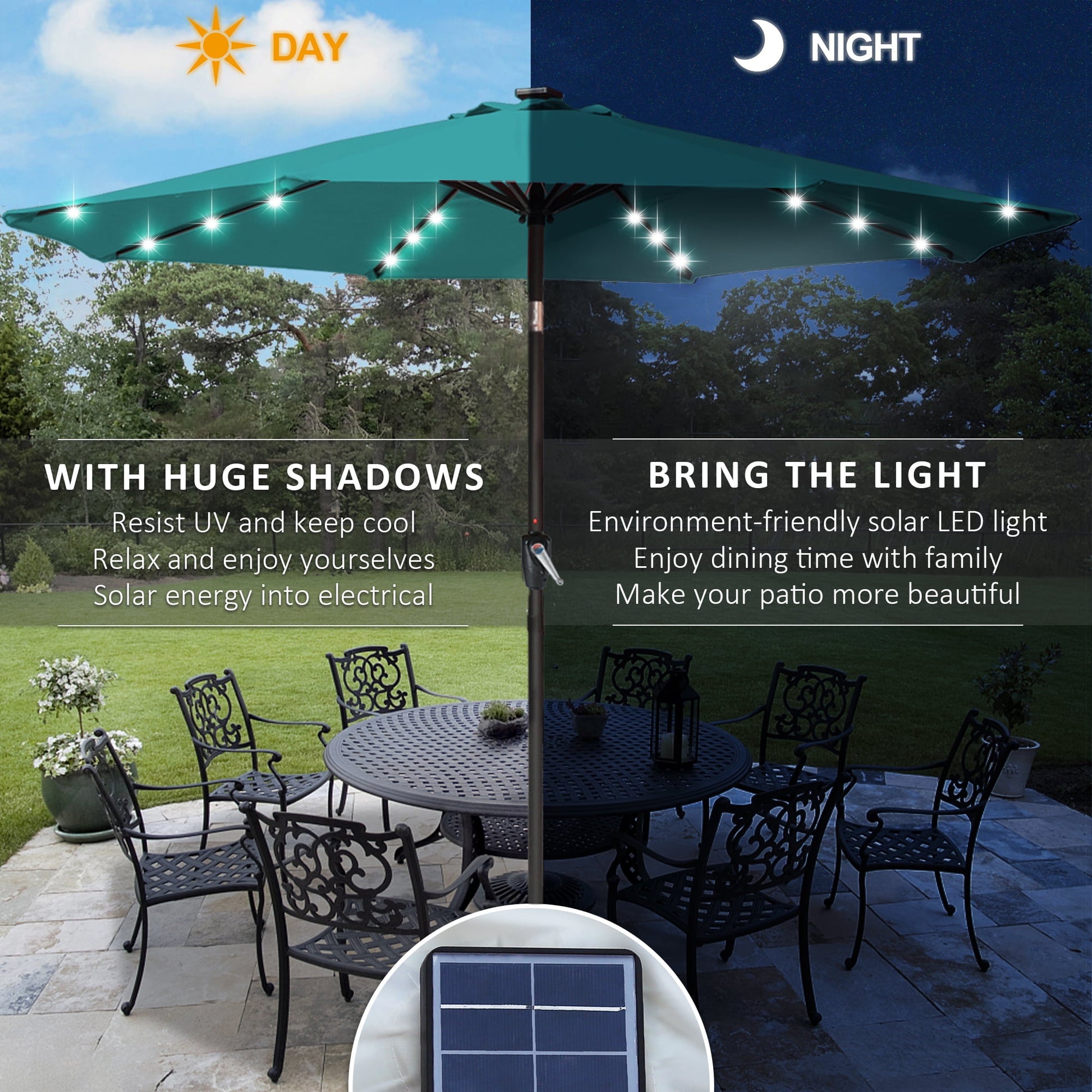 ABCCANOPY 7.5ft Patio Solar Umbrella LED Outdoor Umbrella with Tilt and Crank, Turquoise