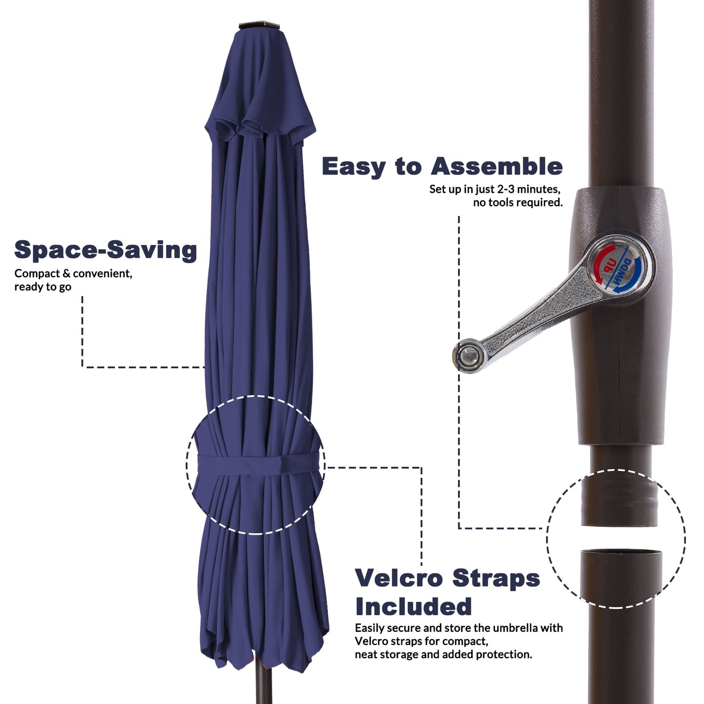 JUSTLET 10 ft Patio Umbrella for Table, Outdoor Sun Umbrella with LED Solar Lights, Navy Blue