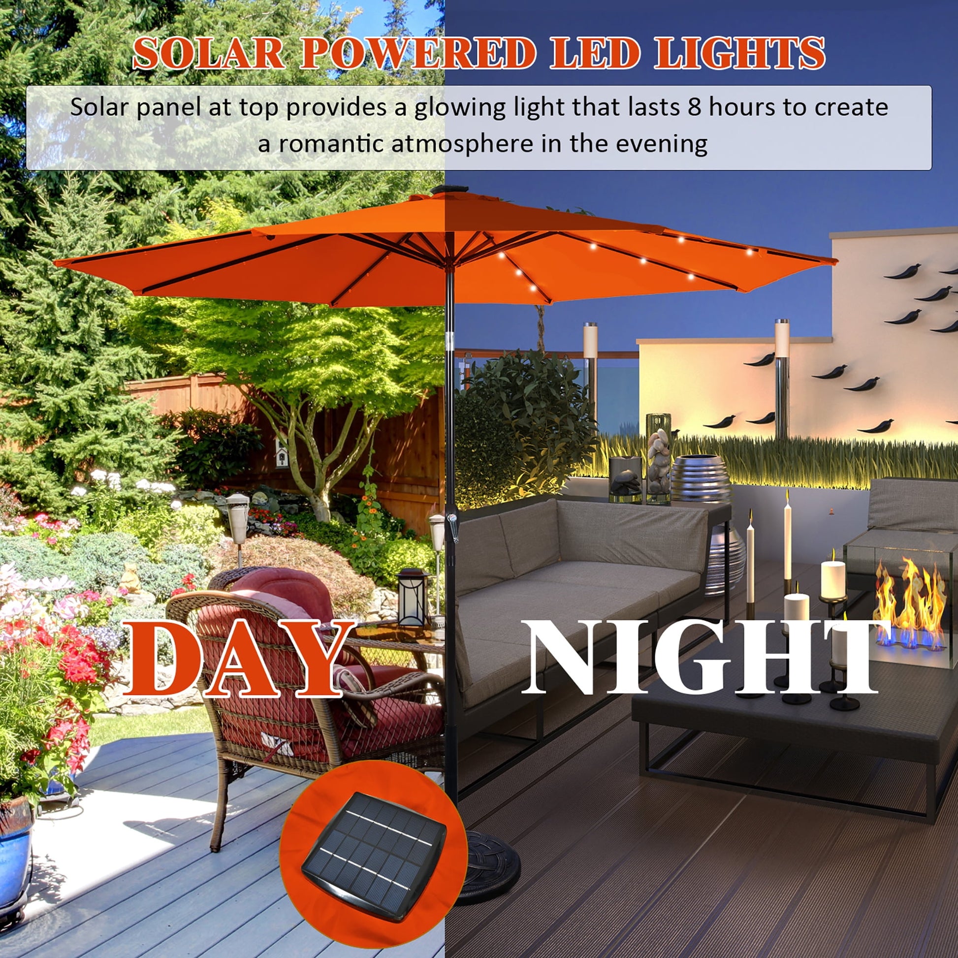 Costway 10FT Patio Solar Umbrella LED Patio Market Steel Tilt W/Crank Outdoor Orange New