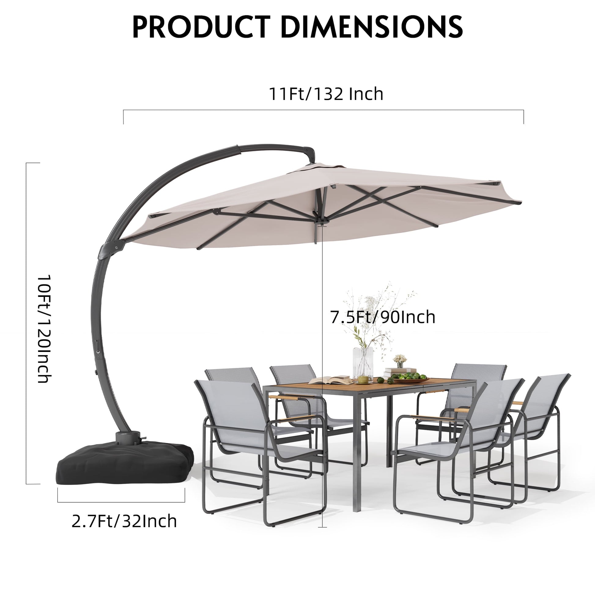 11FT Cantilever Patio Umbrella with Base Included, Large Cantilever umbrella with 360°Rotation, Heavy-Duty Offset Outdoor Umbrella for Patio,Pool,Garden and Backyard (Champagne)
