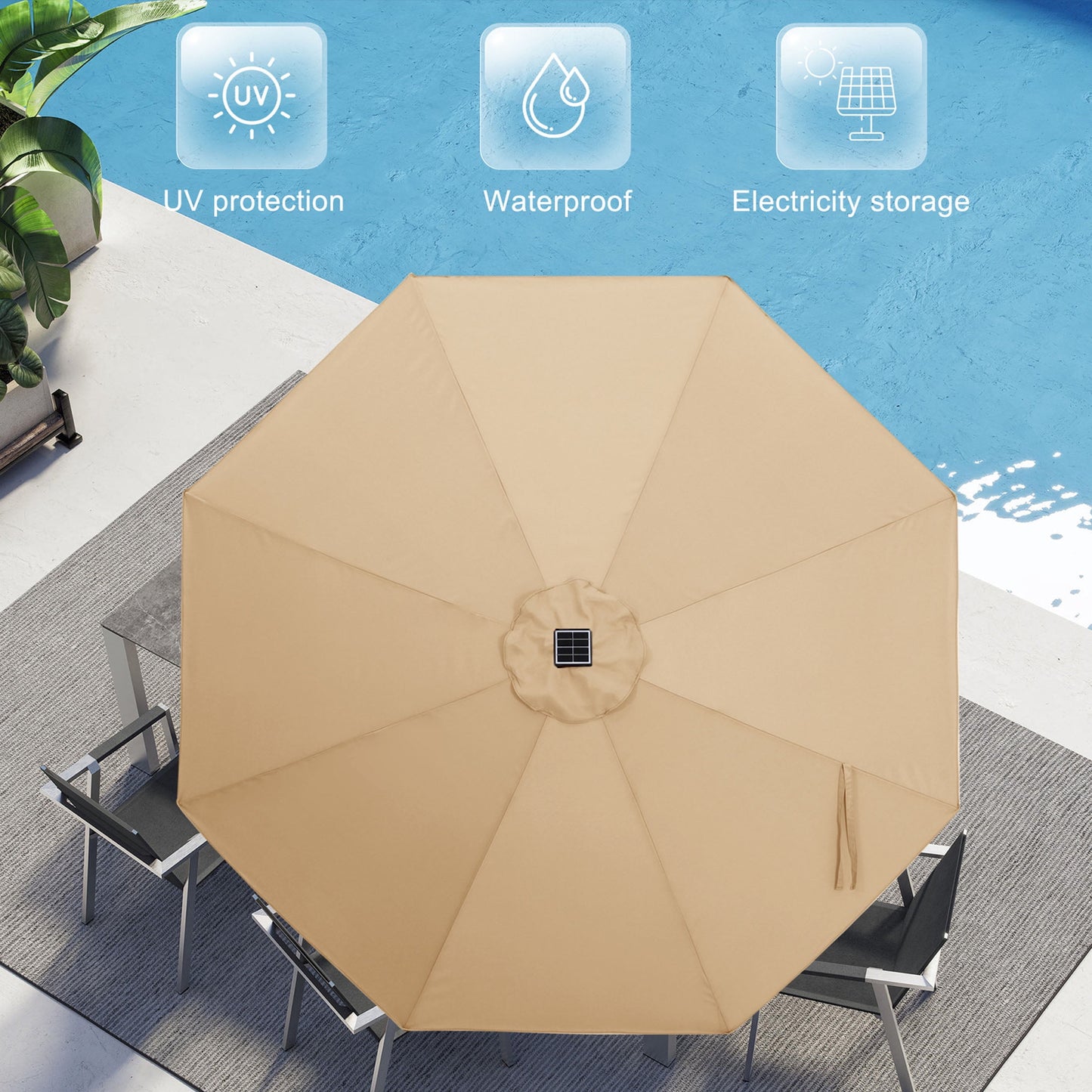 MASTERCANOPY 9ft Solar Patio Umbrella with 32 LED Lights Easy Tilt and Crank 8 Ribs, Khaki