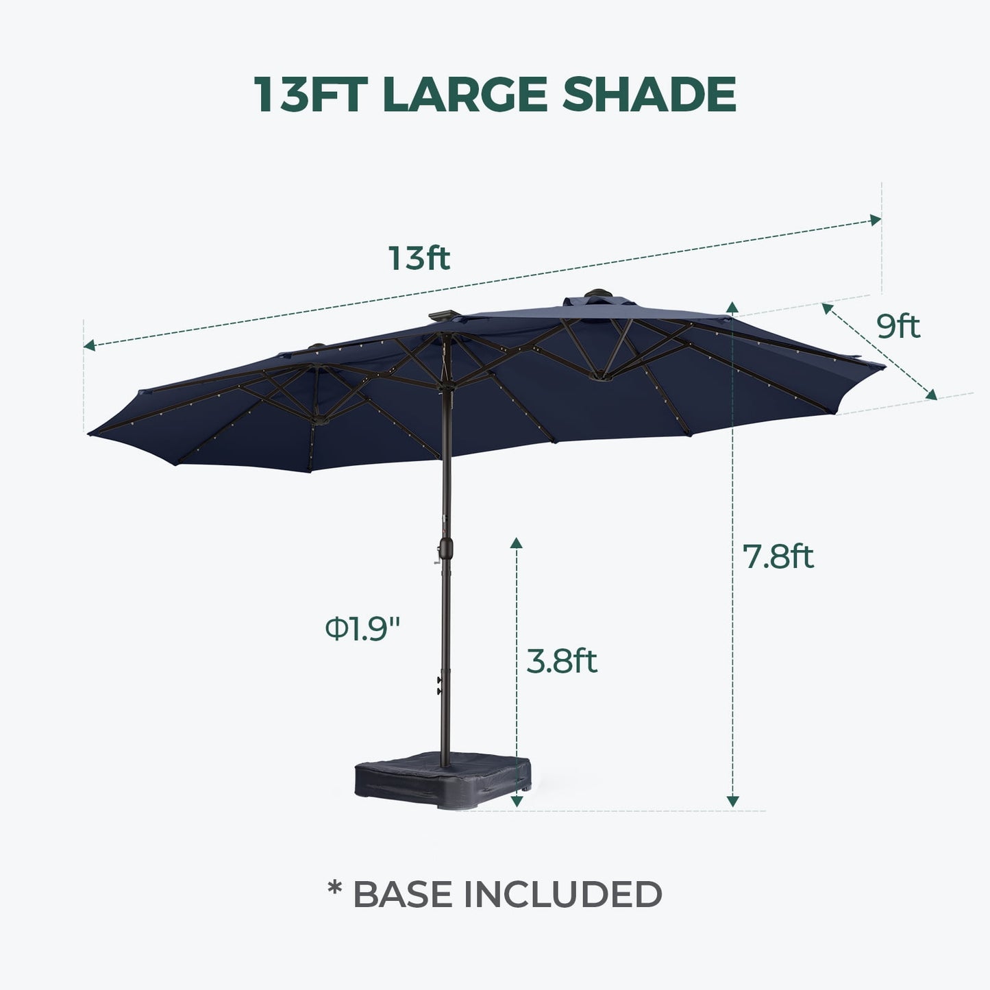 13ft Patio Umbrella with Light and Base Included, Double Sided Outdoor Large Rectangular Patio Umbrella with Crank Handle, for Lawn Garden,Home,Outdoor Activities