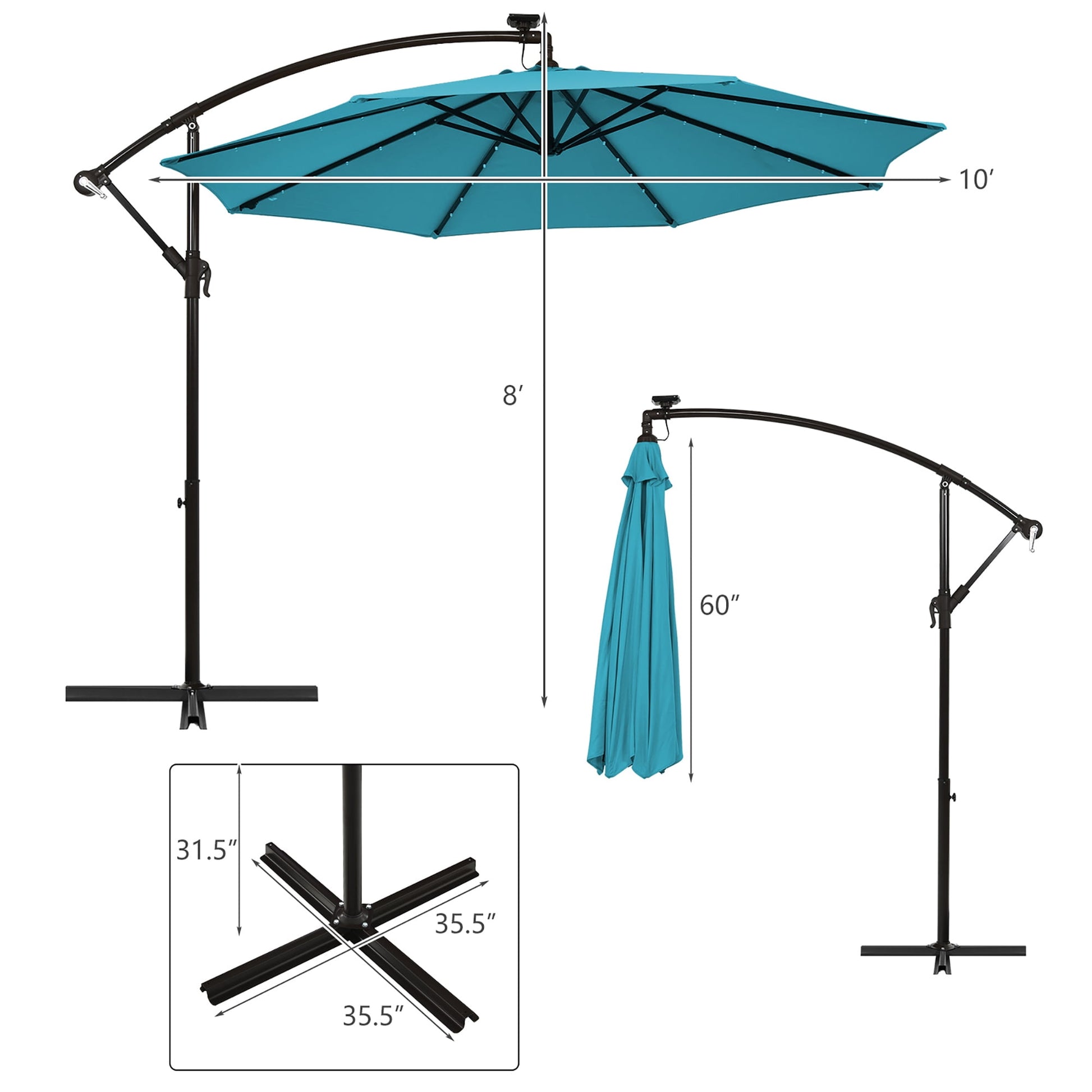Costway 10 Ft Patio Solar LED Offset Umbrella 40 Lights Crank Base Turquoise